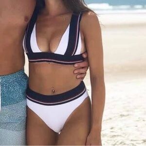White and Navy Striped Bikini Set